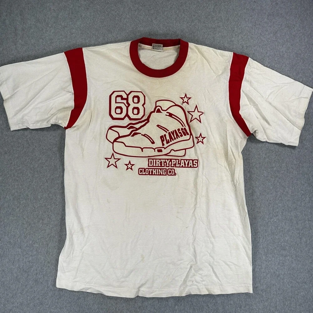 Vintage Double Line Shirt Mens XL White Red Ringer 68 Dirty Playas Graphic 90s